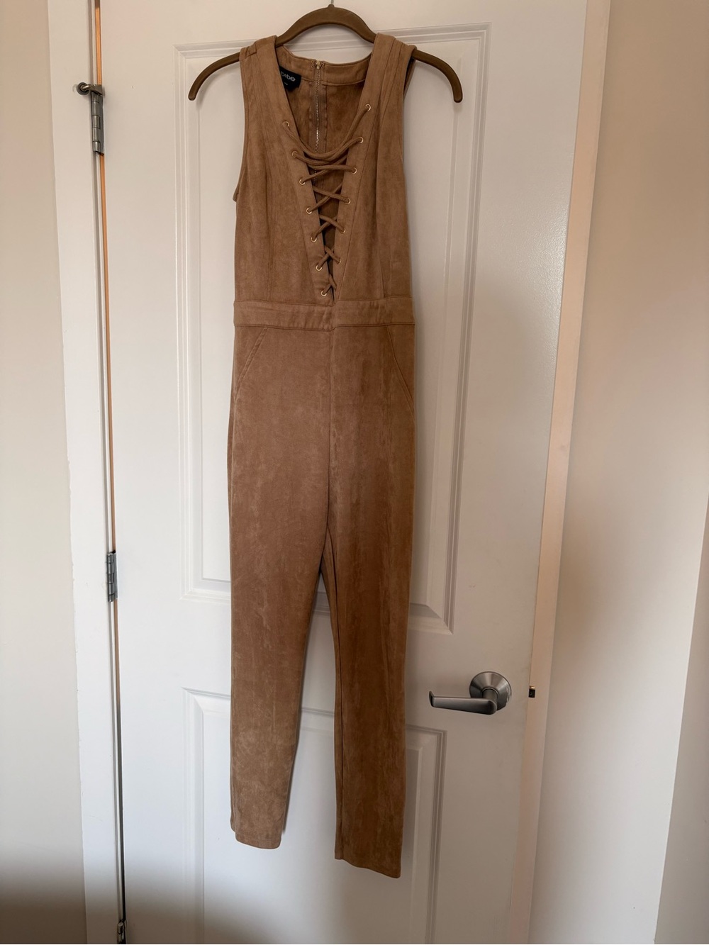 bebe Lace-Up Sleeveless Suede-Look Jumpsuit in Brown